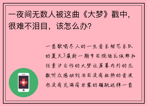 一夜间无数人被这曲《大梦》戳中，很难不泪目，该怎么办？