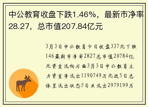 中公教育收盘下跌1.46%，最新市净率28.27，总市值207.84亿元