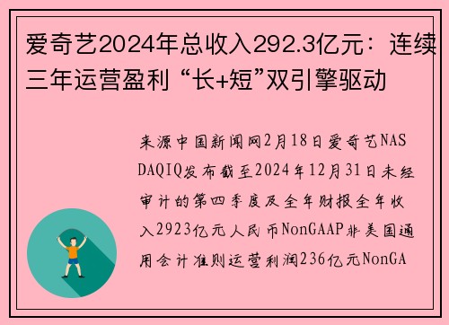 爱奇艺2024年总收入292.3亿元：连续三年运营盈利 “长+短”双引擎驱动新增长