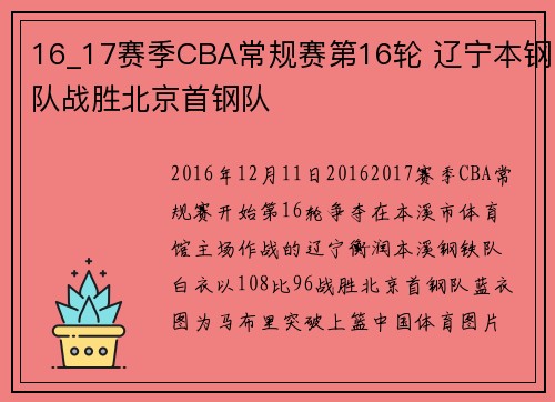 16_17赛季CBA常规赛第16轮 辽宁本钢队战胜北京首钢队