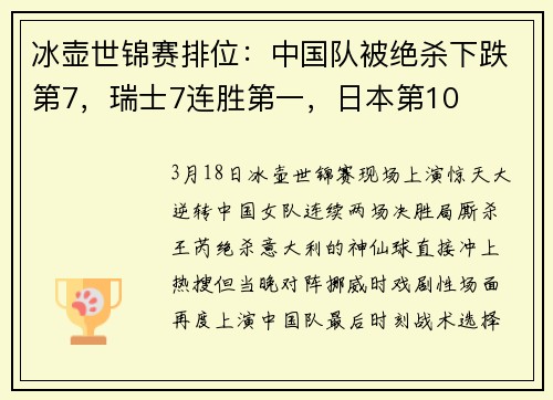 冰壶世锦赛排位：中国队被绝杀下跌第7，瑞士7连胜第一，日本第10