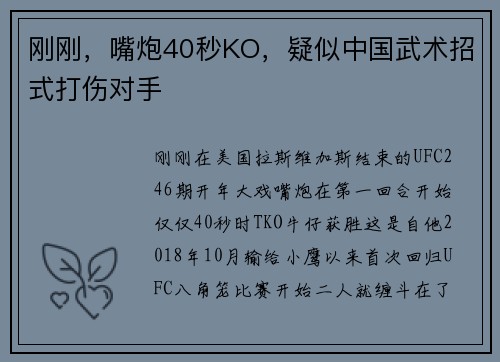 刚刚，嘴炮40秒KO，疑似中国武术招式打伤对手
