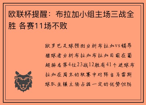 欧联杯提醒：布拉加小组主场三战全胜 各赛11场不败