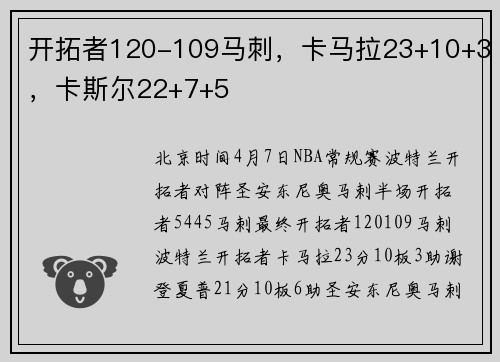 开拓者120-109马刺，卡马拉23+10+3，卡斯尔22+7+5