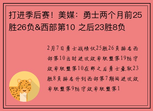 打进季后赛！美媒：勇士两个月前25胜26负&西部第10 之后23胜8负